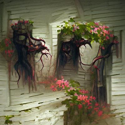 Sinister Cottage with Vines and Flowers in Dark Fantasy Styl...