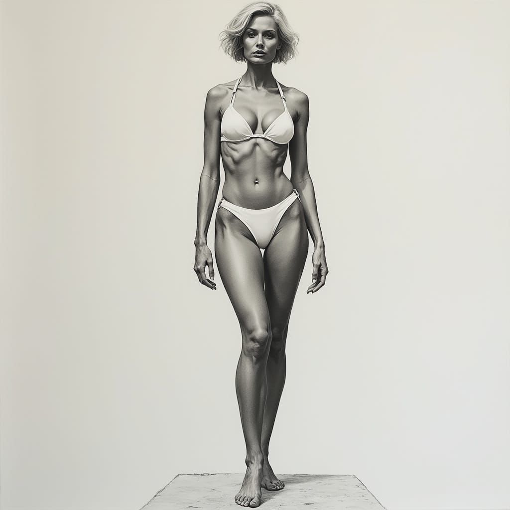 Elegant Blonde Goddess in White Bikini, Exquisite Charcoal A...