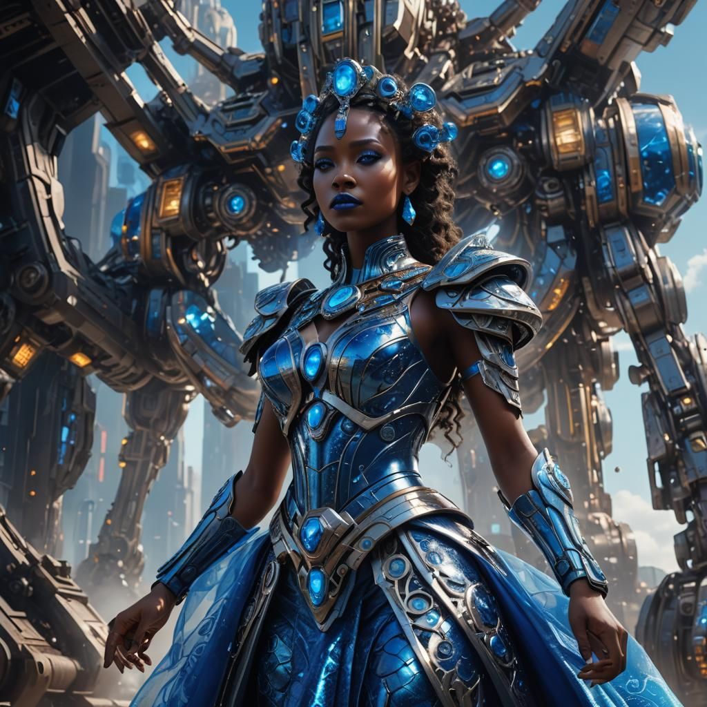 Sci-Fi Goddess with Blue Makeup in Metallic Dress