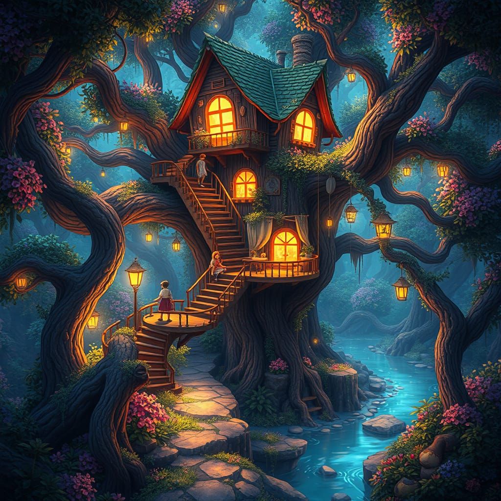 Dreamlike Treehouse with Floating Staircase and Tiny People