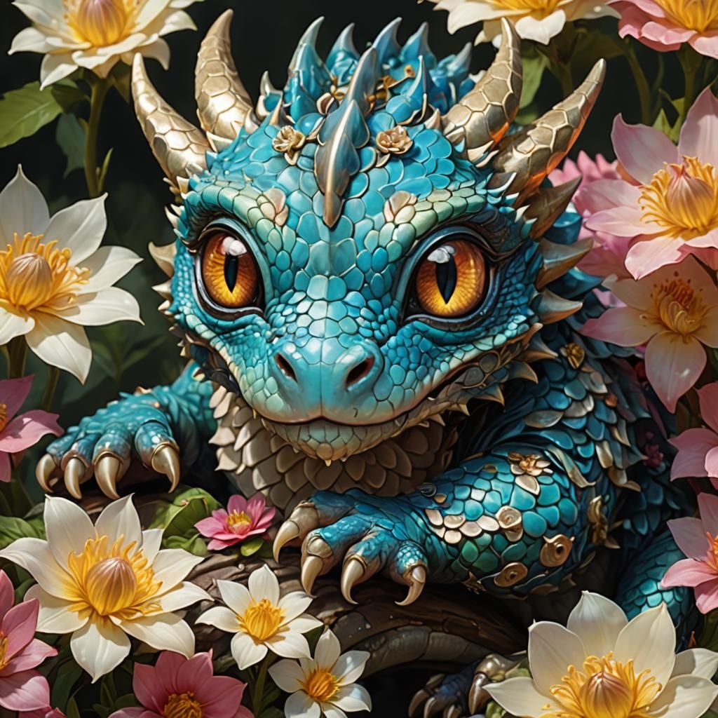 Adorable Anime Dragon on Flower, 3D Render