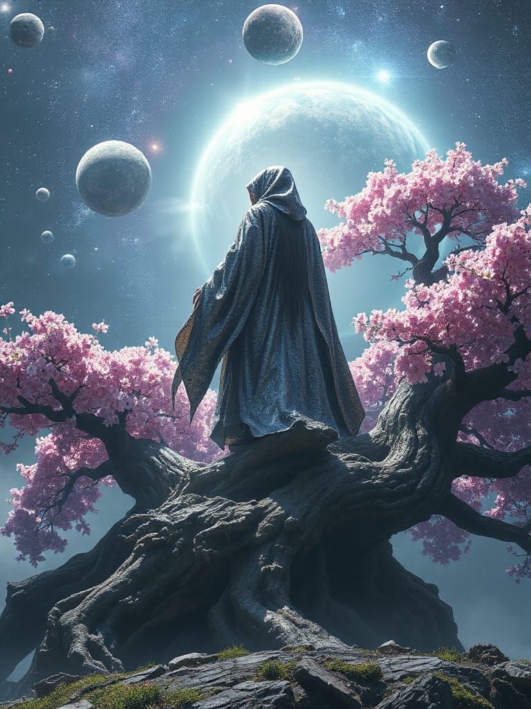 Sorceress on Ancient Sakura Tree Overlooking Nebula