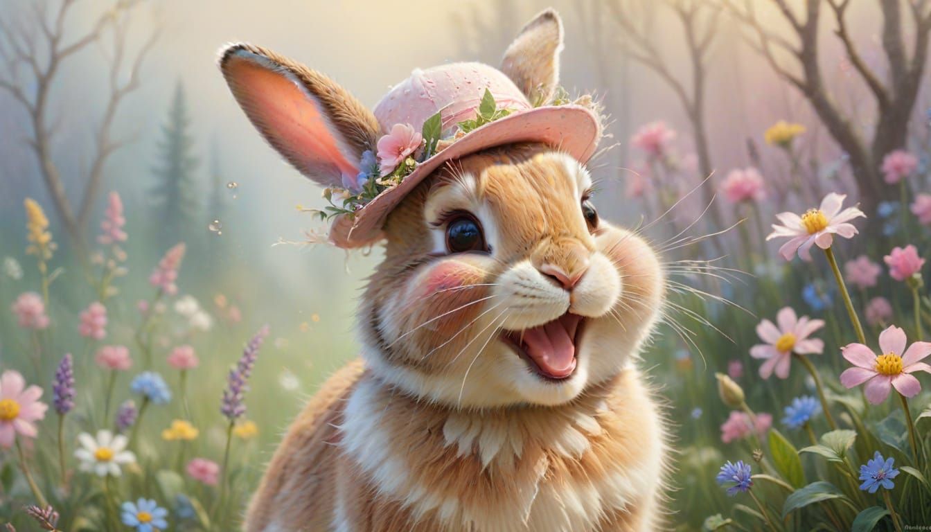 Whimsical Bunny Laughing in Pastel Watercolor Style