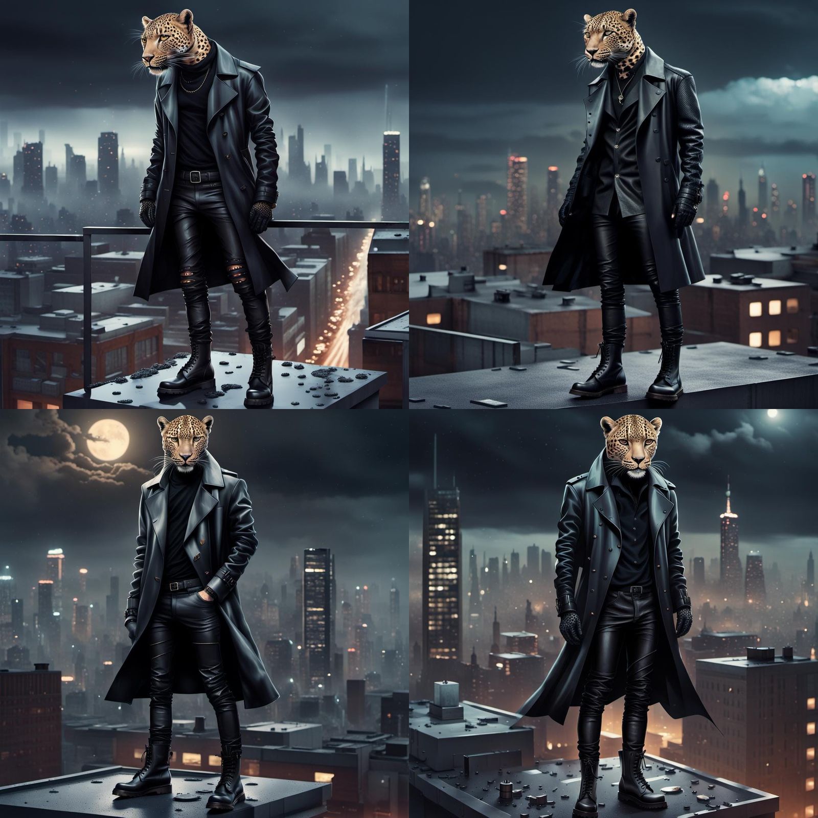 "Epic illustration of an anthropomorphic leopard wearing a black shirt with holes, tight black pants, an open black leat...