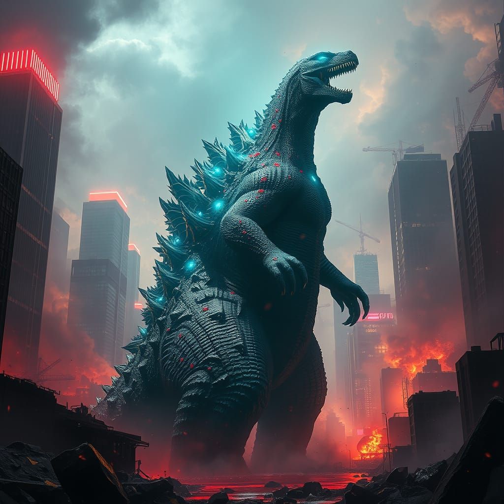 Godzilla Reigns Amidst Apocalypse in Cyberpunk City