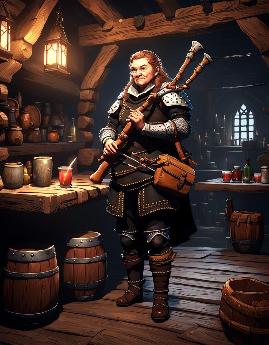 Dwarven Female Bard in Dingy Tavern with Woodwind Instrument