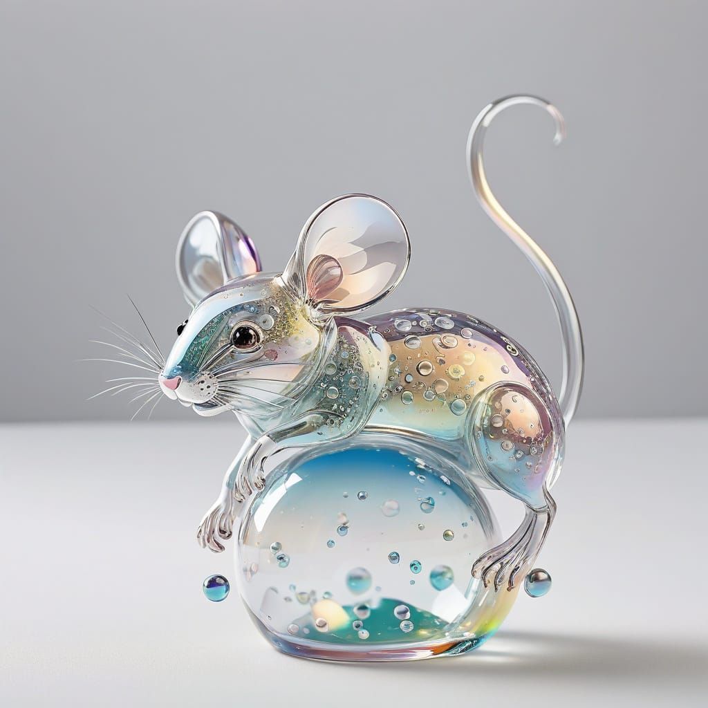 Iridescent Bubble Mouse Figurine in Mid-Air