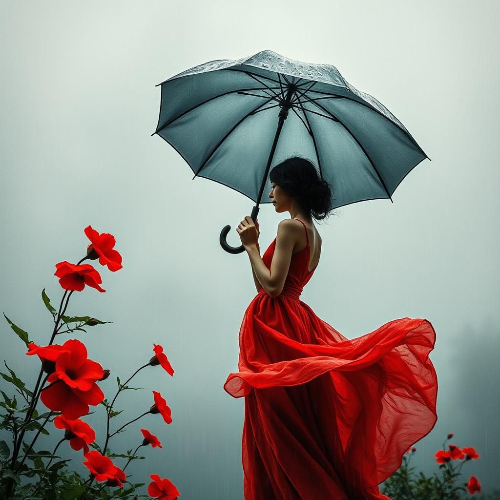 Woman in Rain: A Beksiński-Style Watercolor Painting