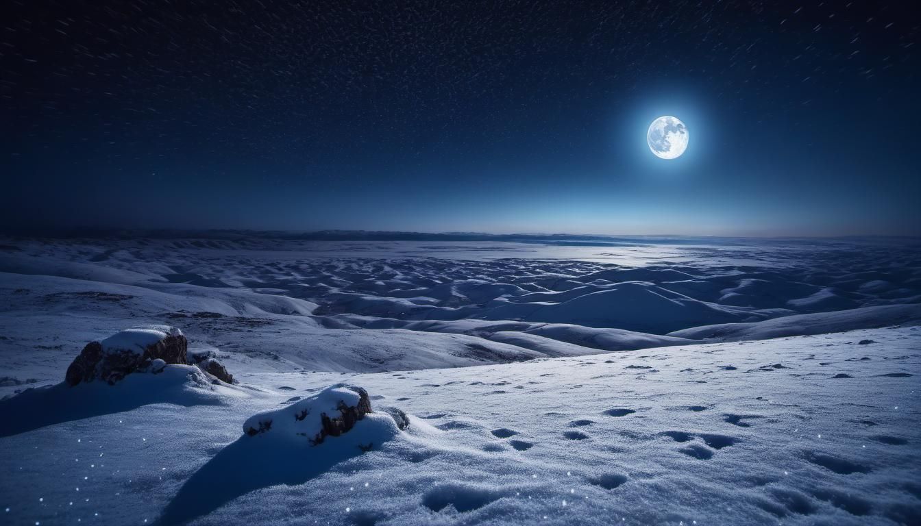 Snowy Plateau at Midnight Under a Clear Sky