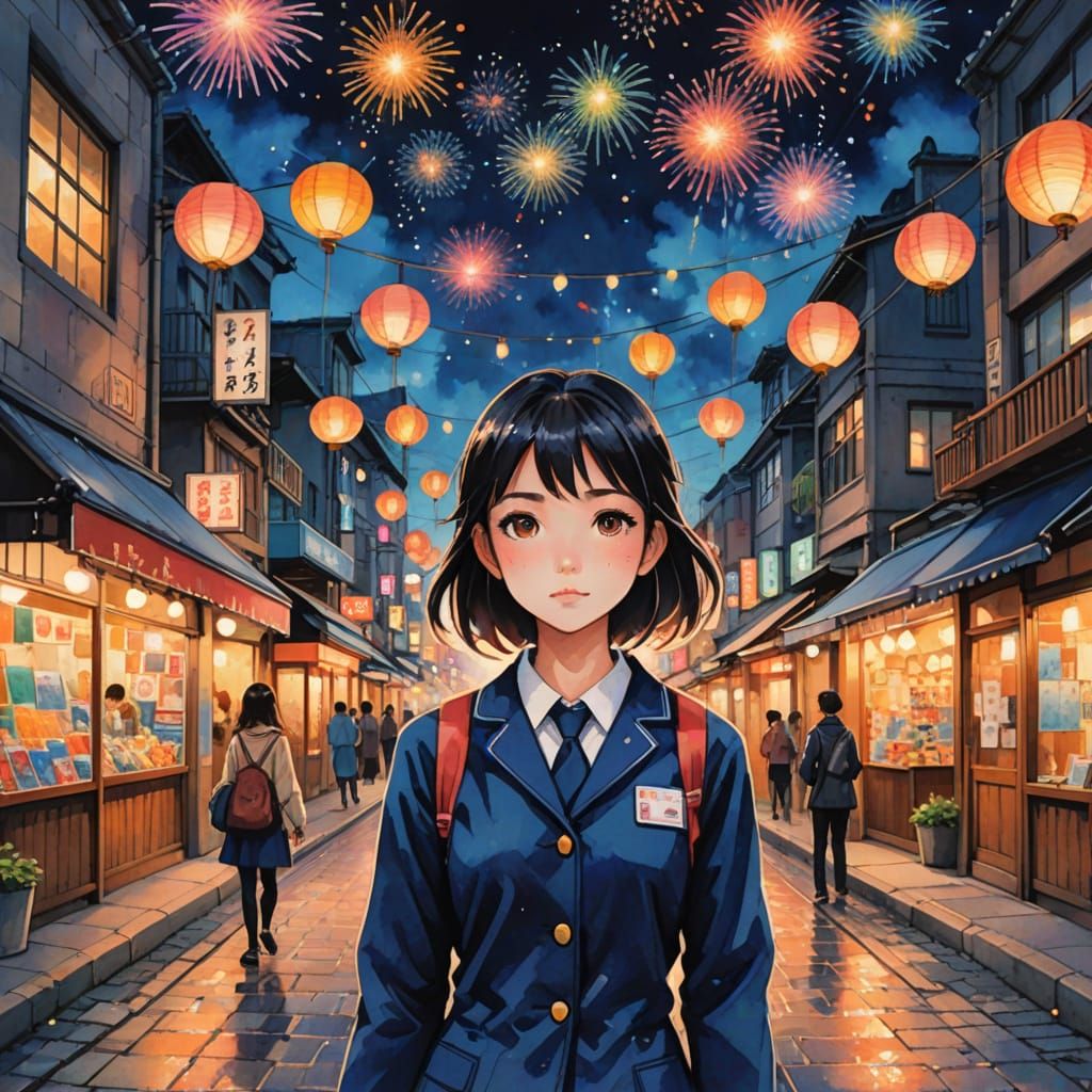 Anime Girl on Japanese Street at Dusk