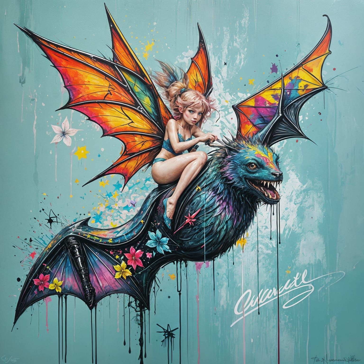 Fairy Riding a Bat in Graffiti Street Art