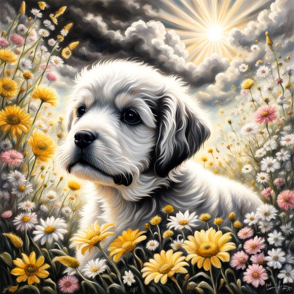 A puppy among the flowers hyperdetailed charcoal drawing oil...