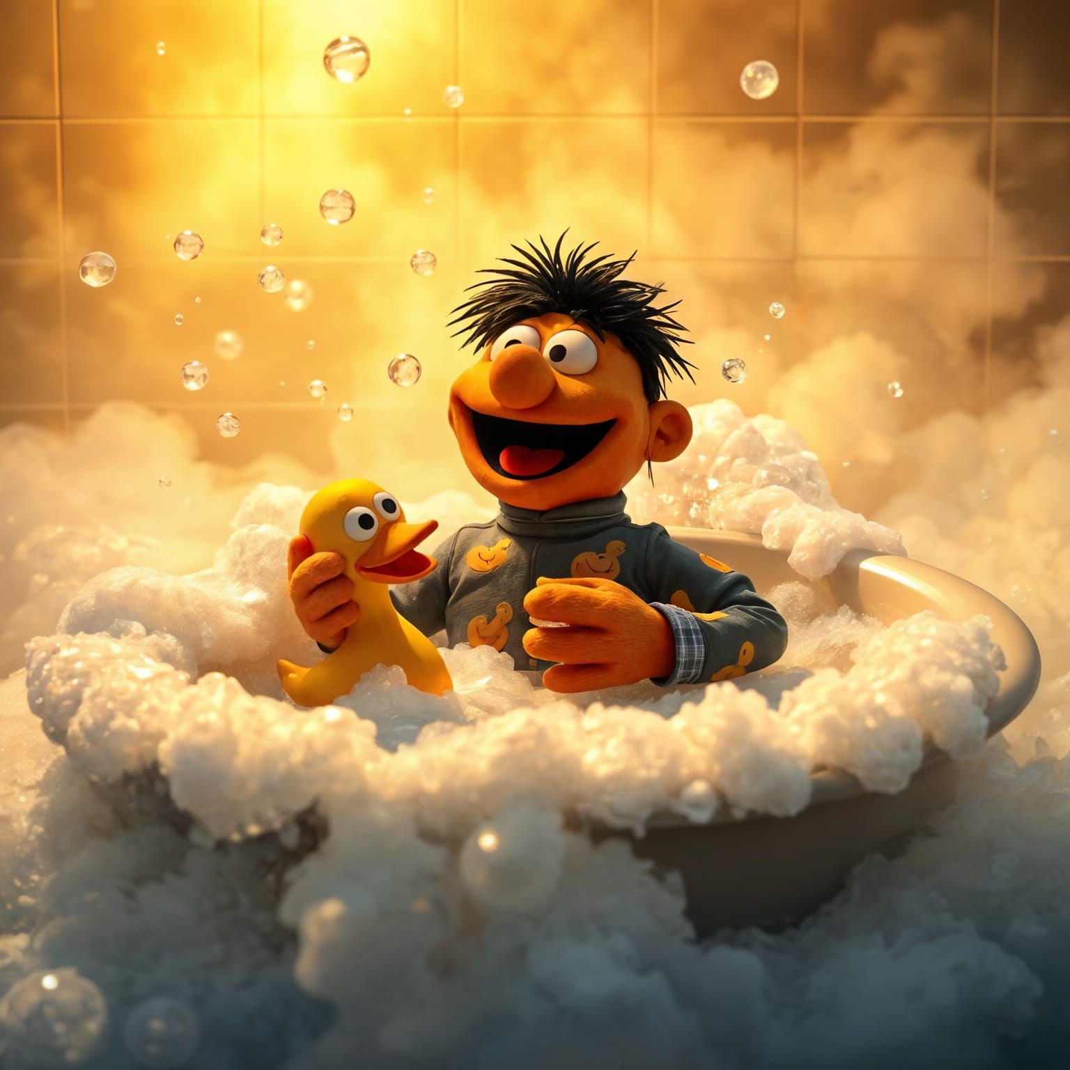 Ernie in a Grand Bathtub Scene with a Rubber Ducky
