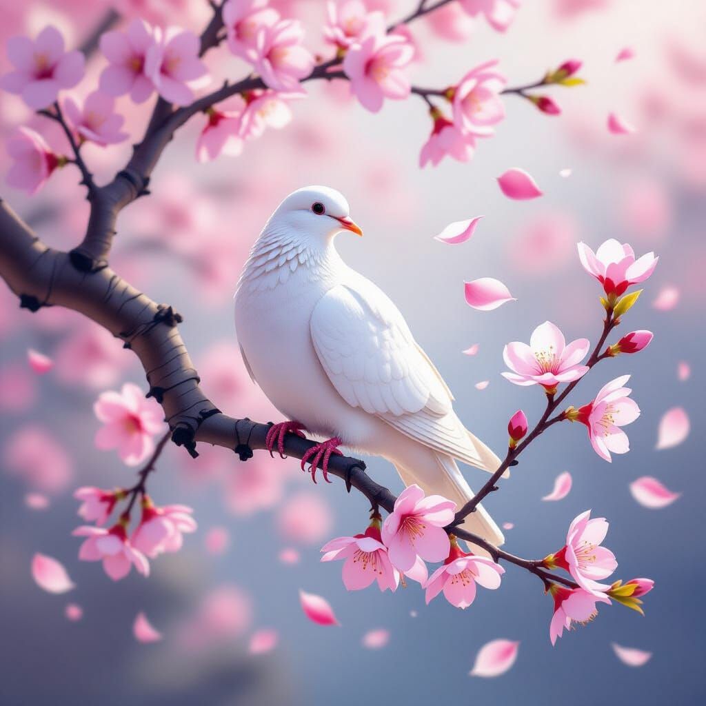 Majestic White Dove on Almond Blossom Tree in Watercolor