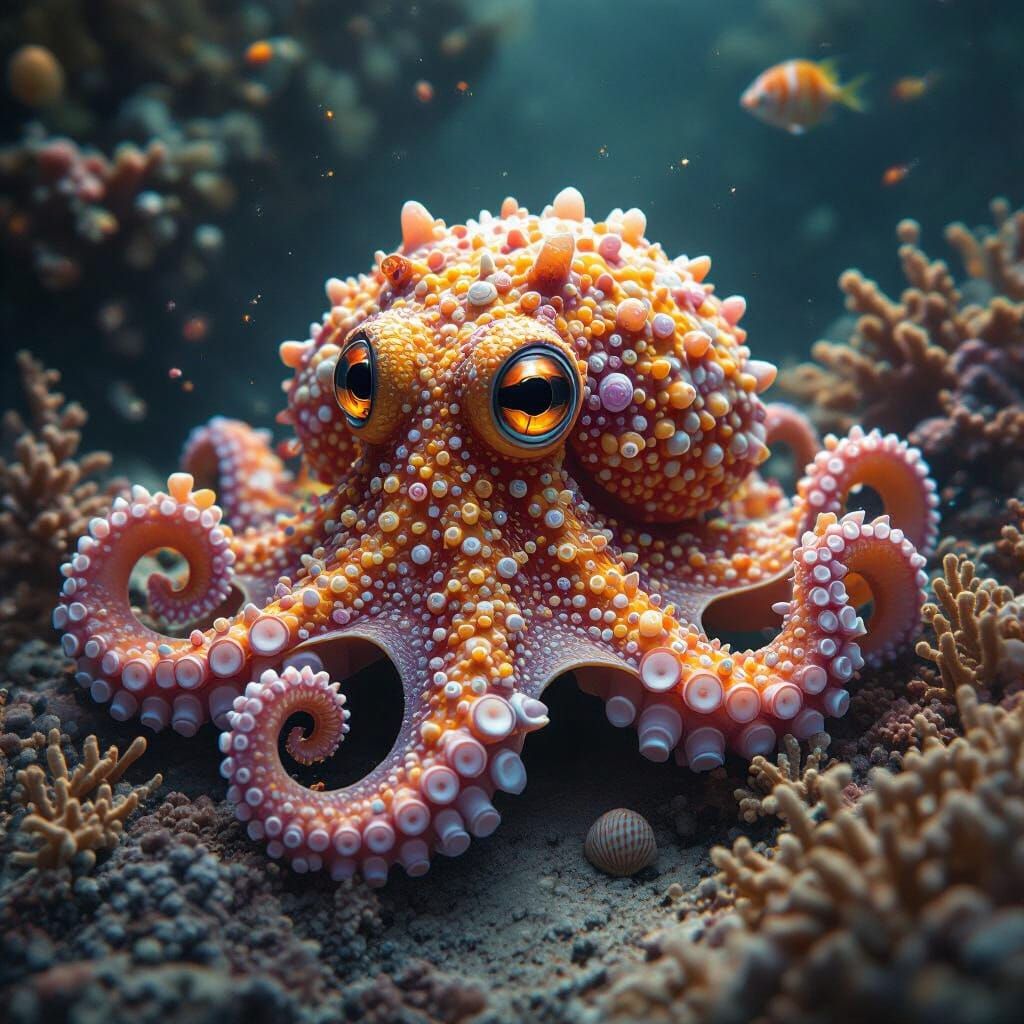 Coral-Eyed Octopus in Dark Fantasy Style