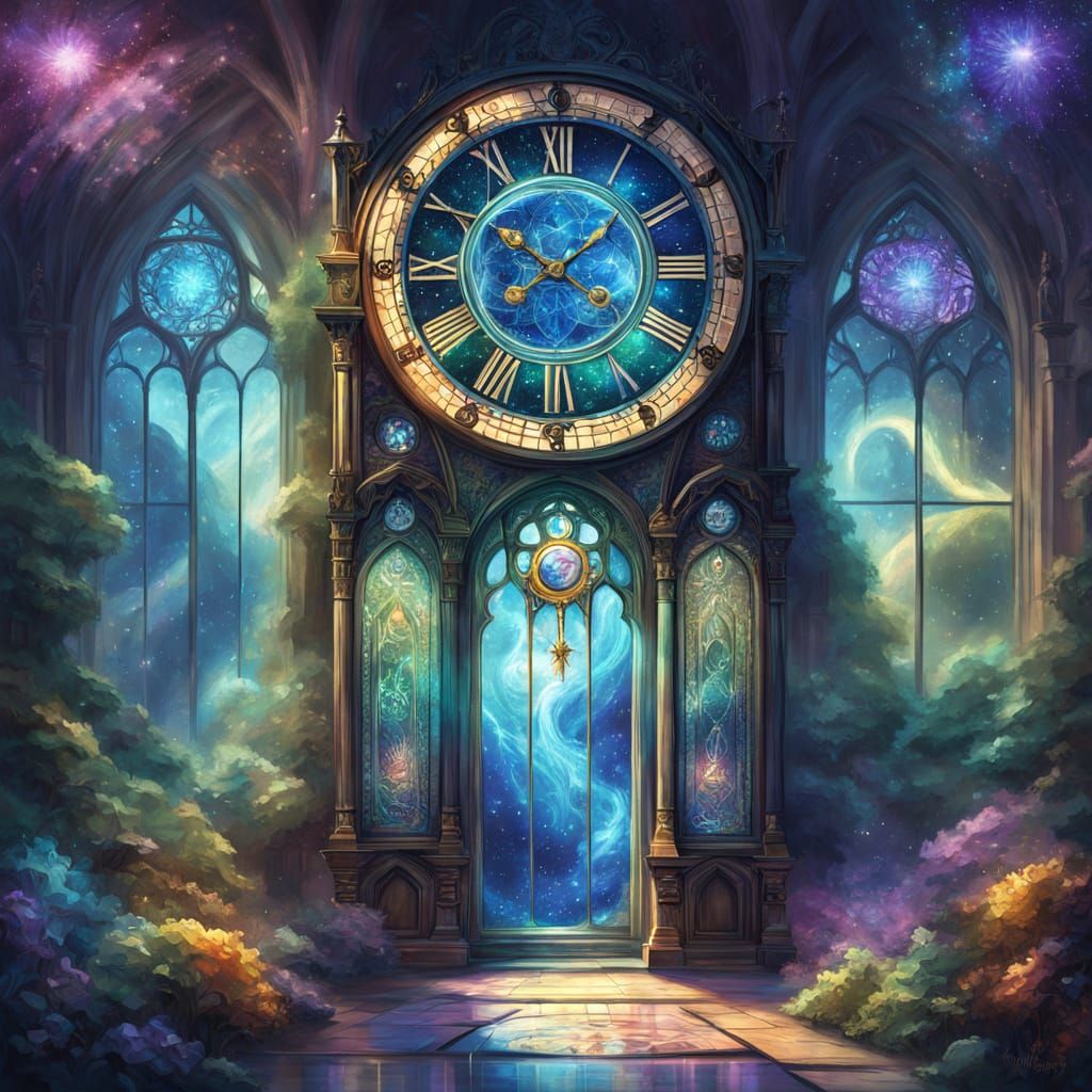 Fantasy Grandfather Clock Amidst Cosmic Dust