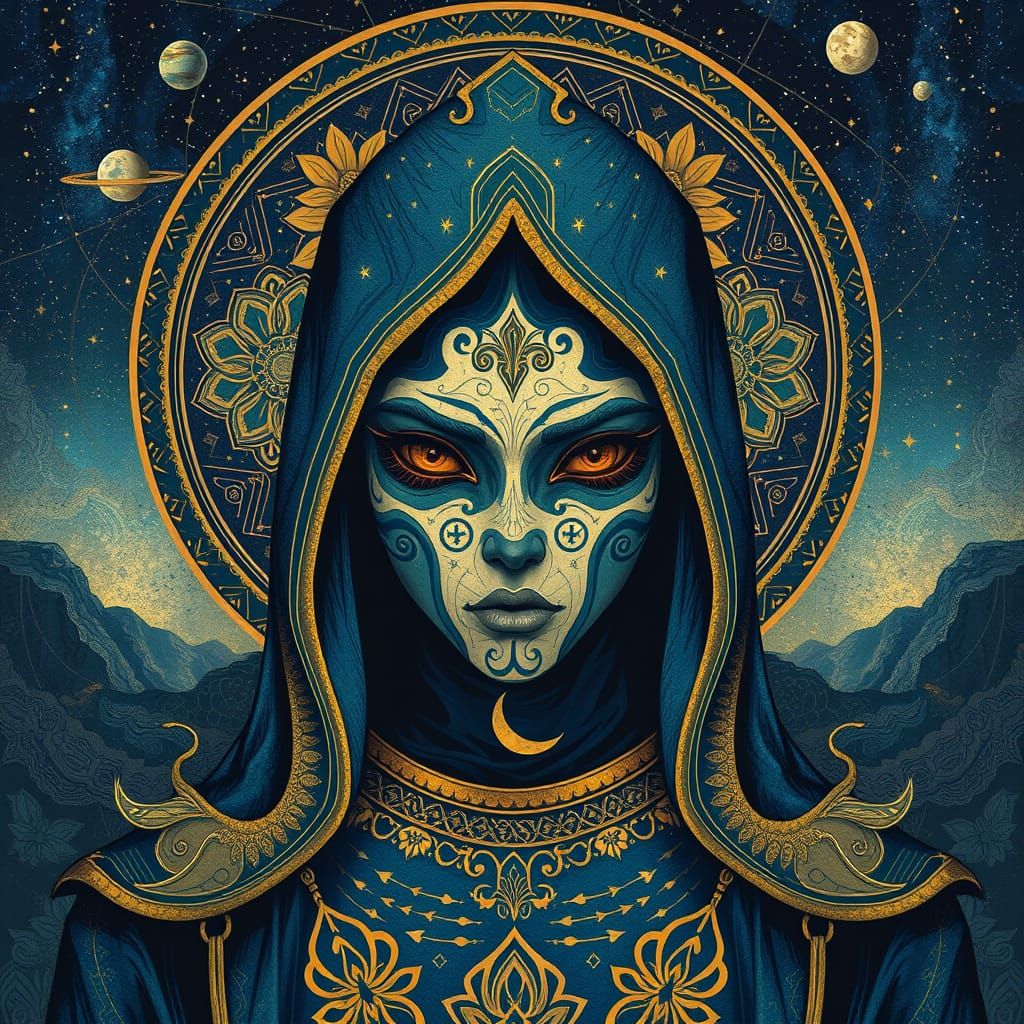 Stylized Portrait of a Hooded Figure in Cosmic Aura