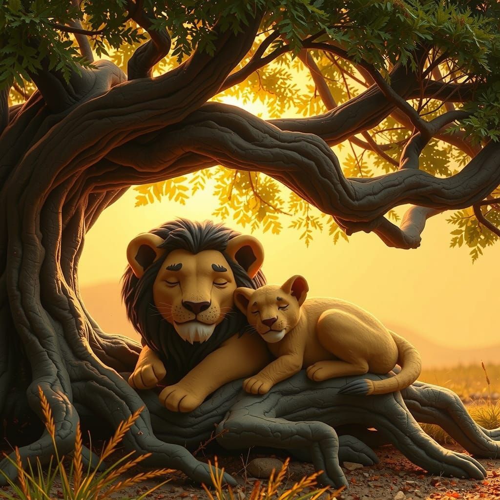 Lion and Cub Sleeping Under Savanna Tree