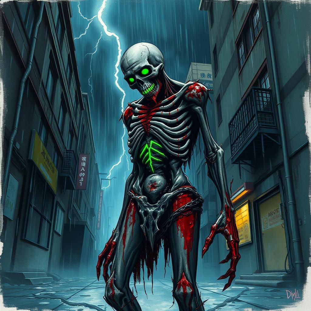Blood-Soaked Zombie in Stormy Alleys: Graffiti Art