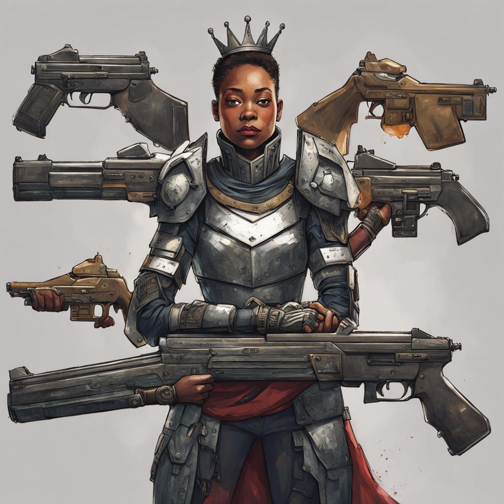 Queen in Rubbish Armor Holding Guns