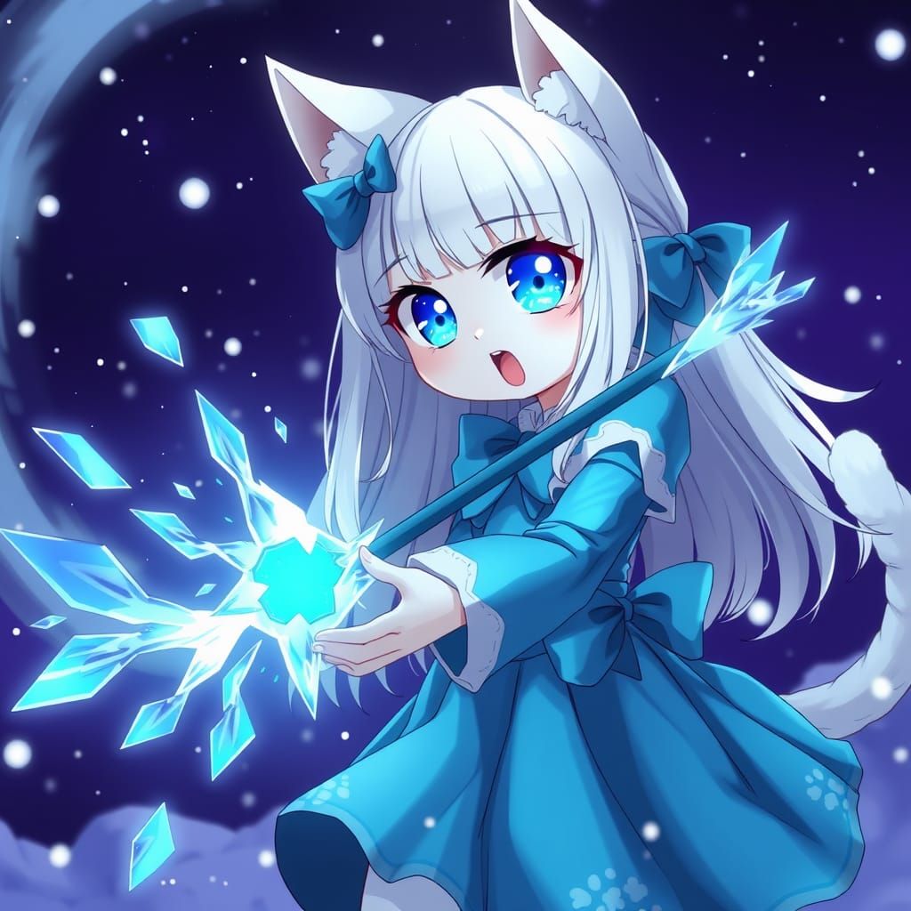 Mystical Anime Catgirl Throws Frosty Magic in the Snowy Nigh...