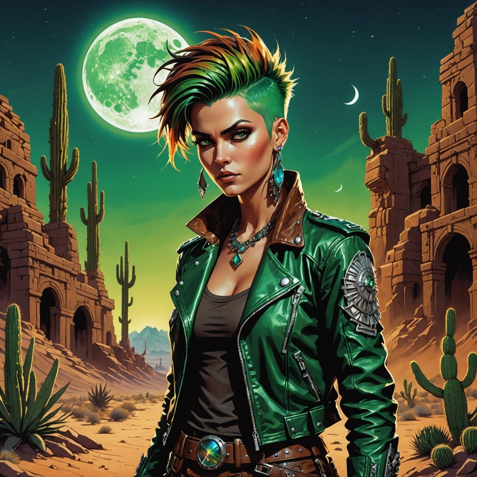 Dieselpunk Djinn in Moonlit Desert Ruins