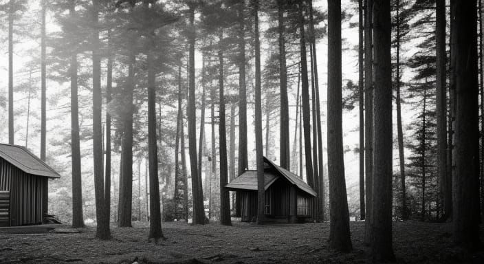Monochrome Cabin Scene in Pine Forest