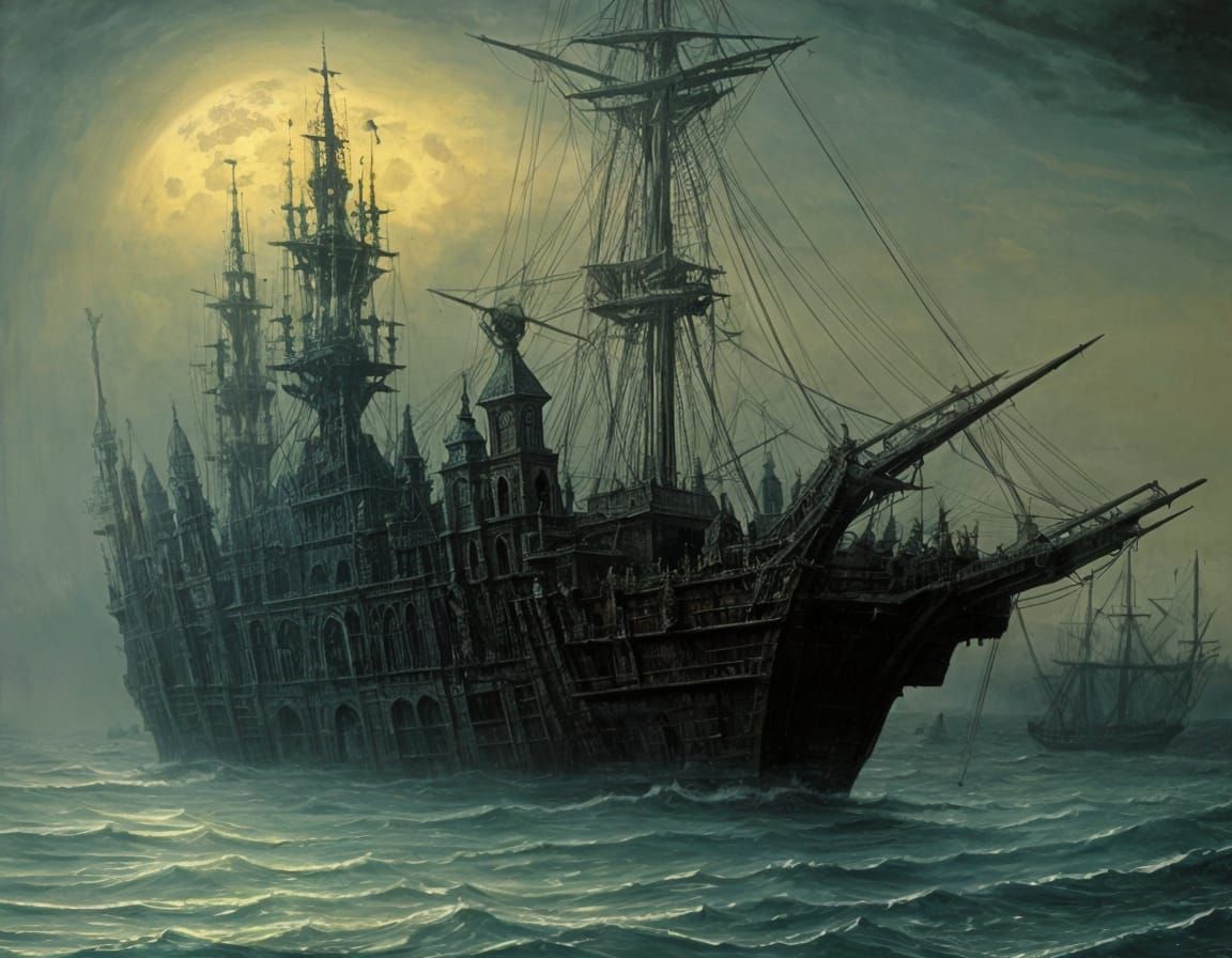 Ghost Pirate Galleon in Dark Surreal Night
