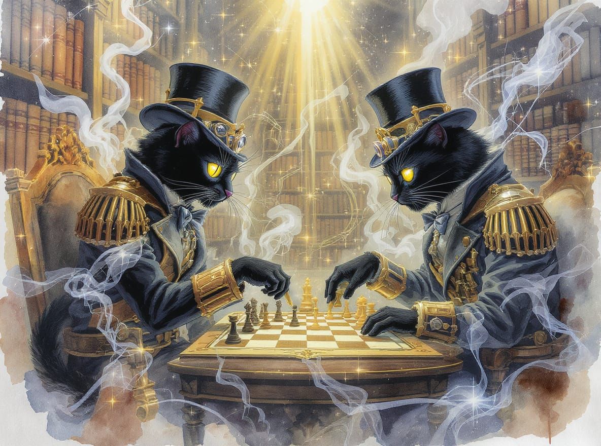 Steampunk Cats Play Chess in Watercolor Style
