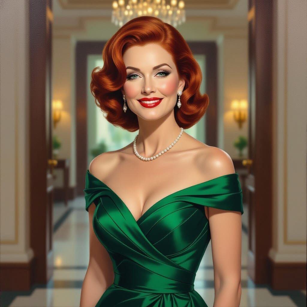 Elegant Redhead in Green Gown: An Impressionistic Oil Painti...