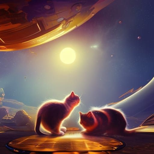 Fantastical Space Kittens Kissing Cats, Detailed Matte Paint...