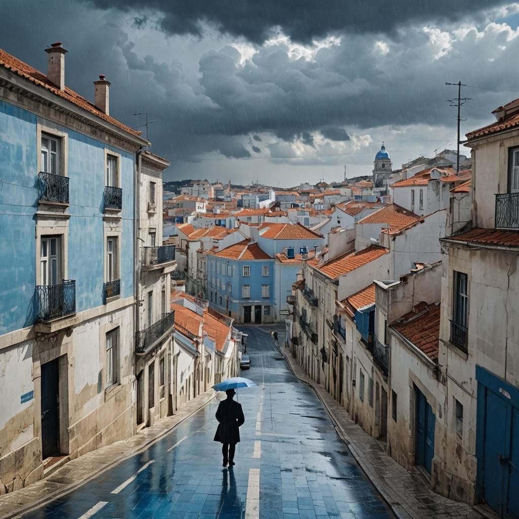 Blue Lisbon Street in Hopper Style