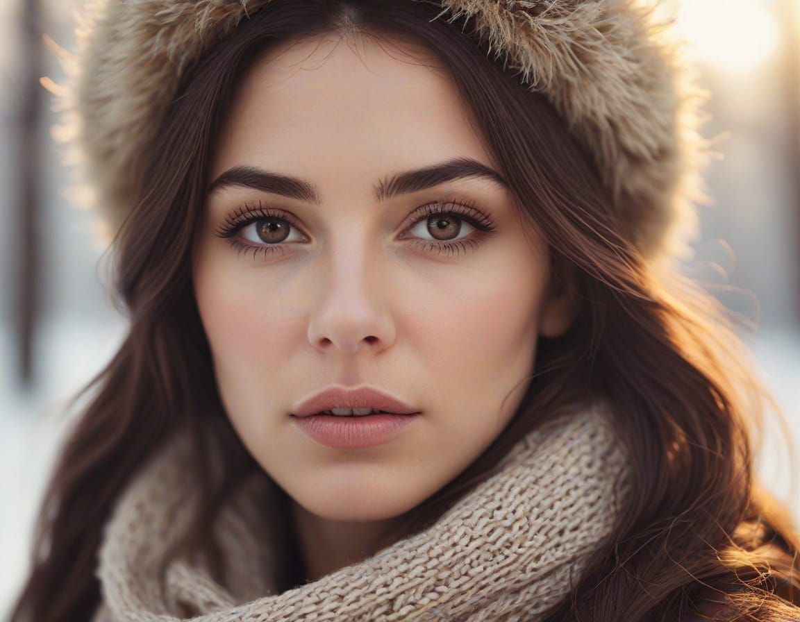 Enigmatic Bohemian Woman in Hyperrealistic Winter Portrait