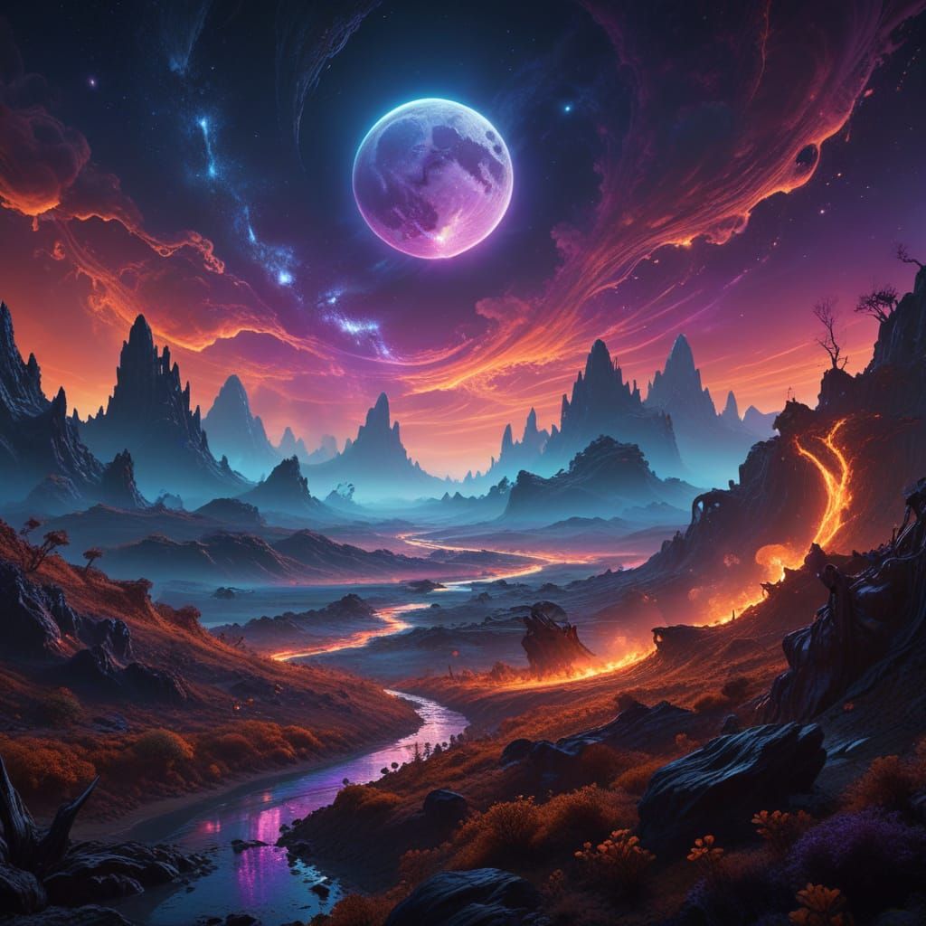 Ethereal Moonlit Alien World in Iridescent Hues