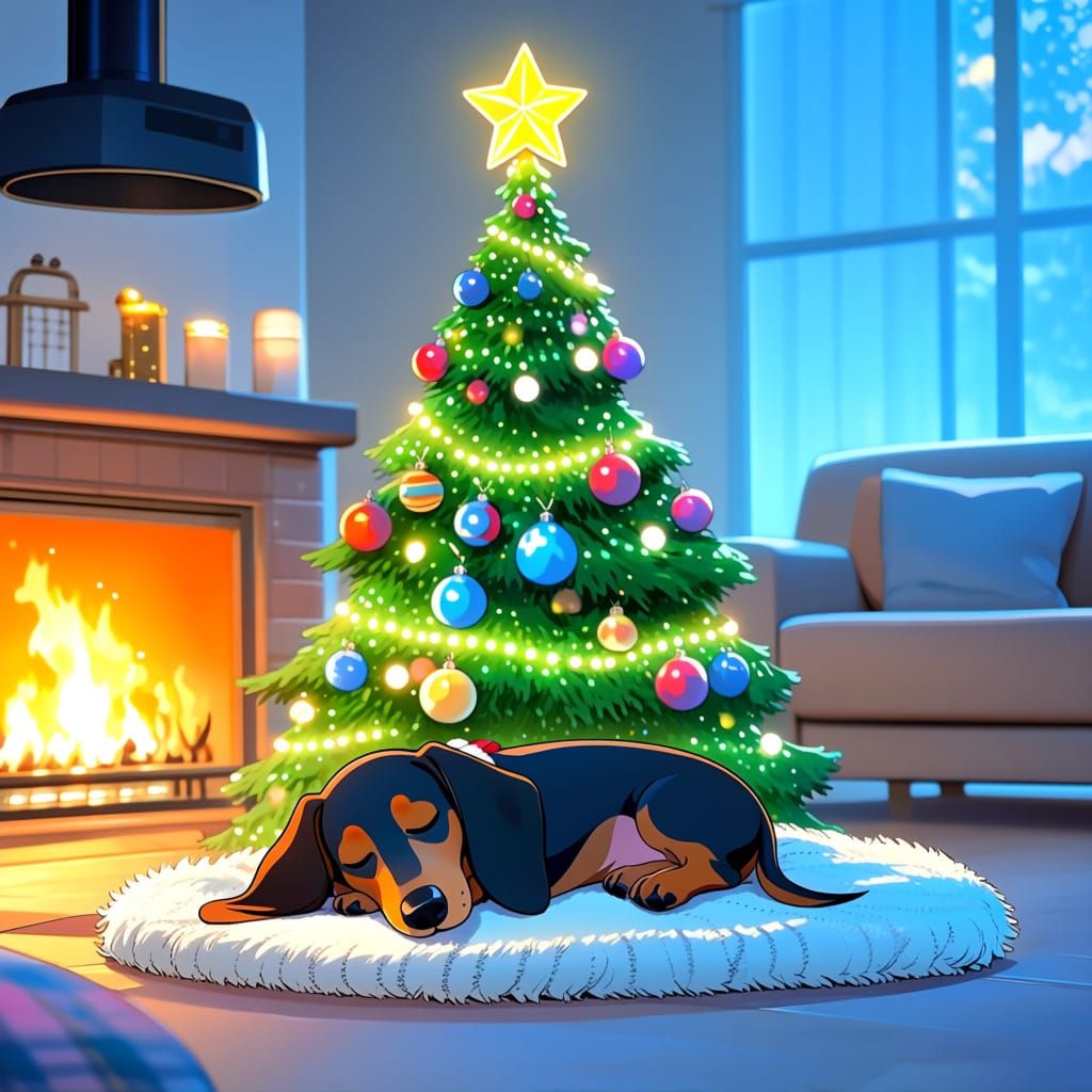Cozy Christmas Scene With Sleeping Dachshund
