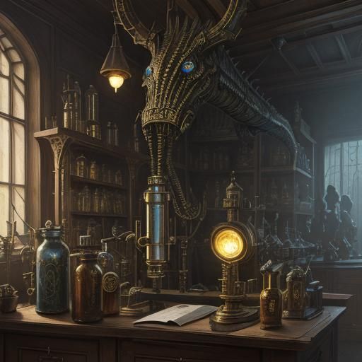 Steampunk Microscope in Ornate Laboratory, Art Deco Style