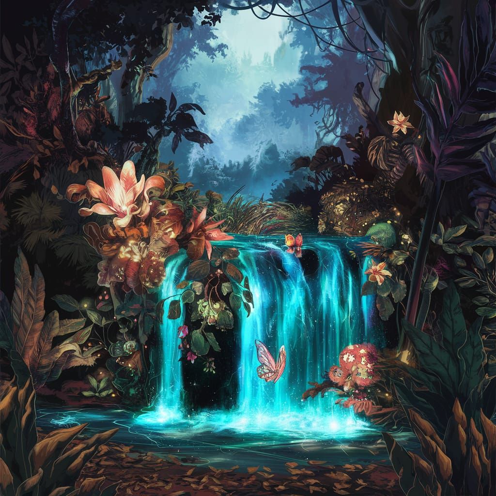 Bioluminescent Waterfall with Chibi Butterfly in Jungle