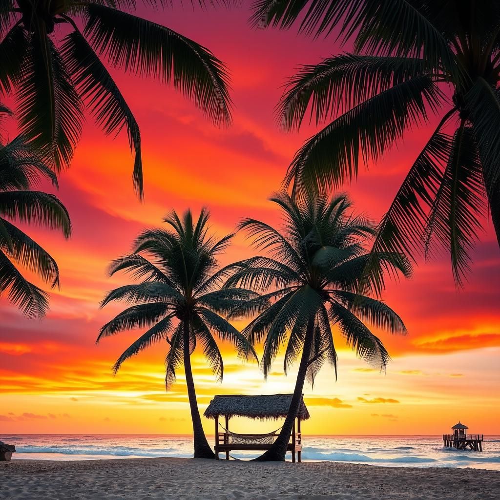 Tropical Beach Sunset with Palm Trees and Hut