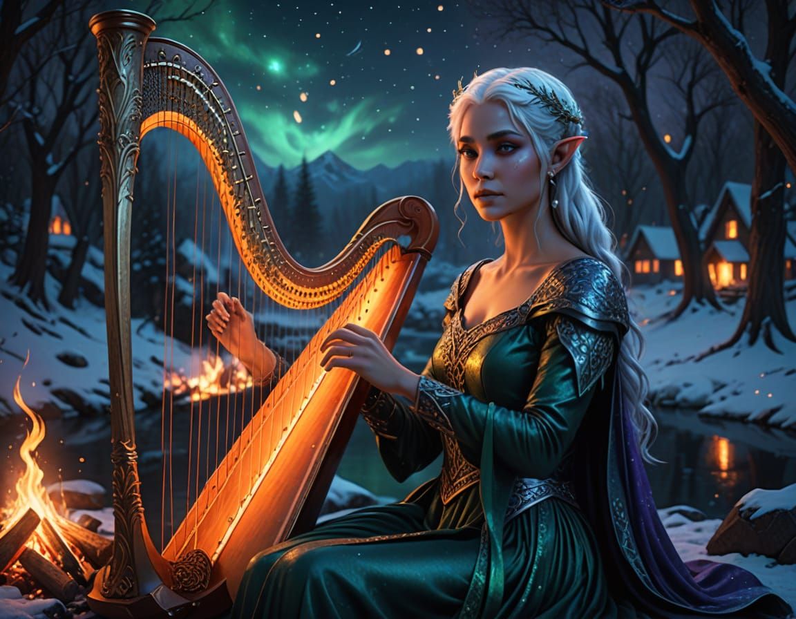 Hyperrealistic Drow Maiden Plays Harp by Starry Campfire