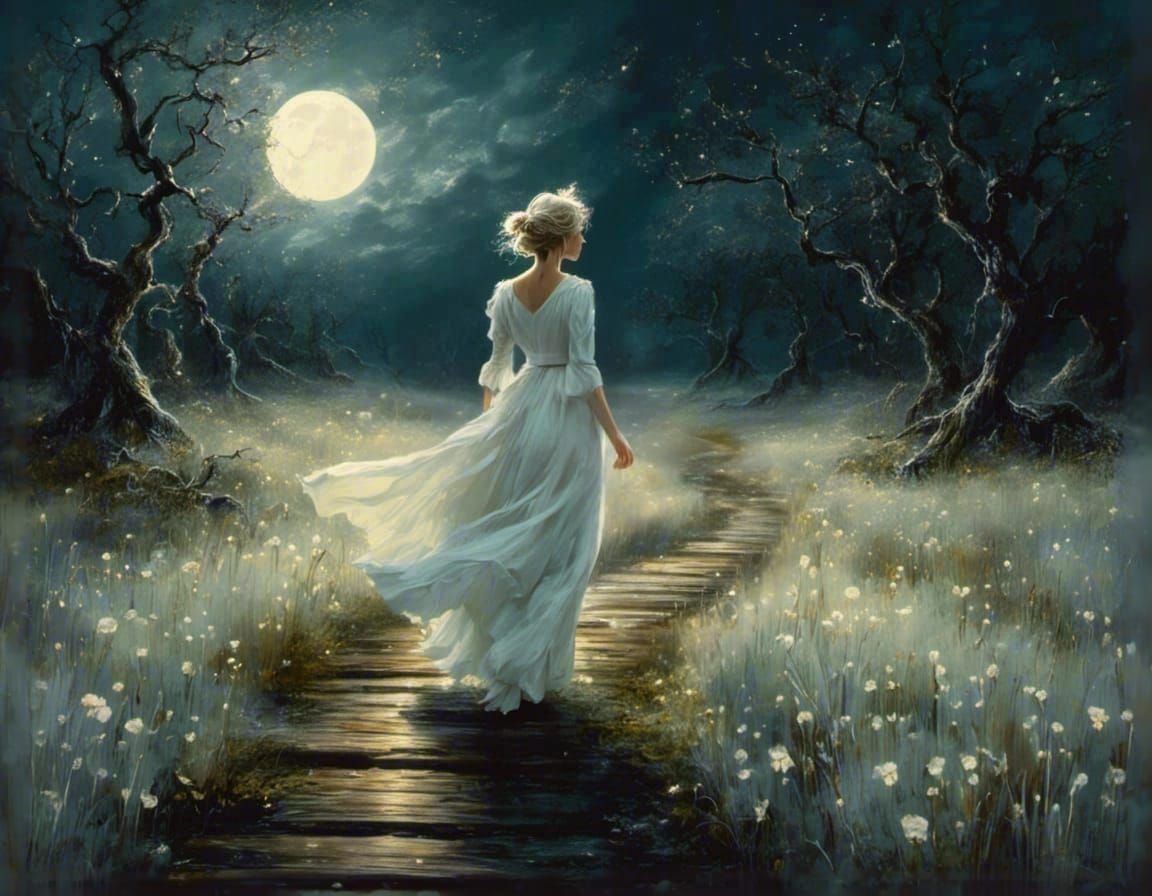 Ethereal Peasant Woman on Moonlit Moor Path