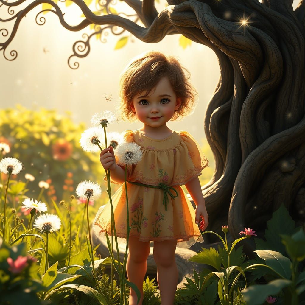 Whimsical Garden Scene with Dandelions and Fantastical Detai...