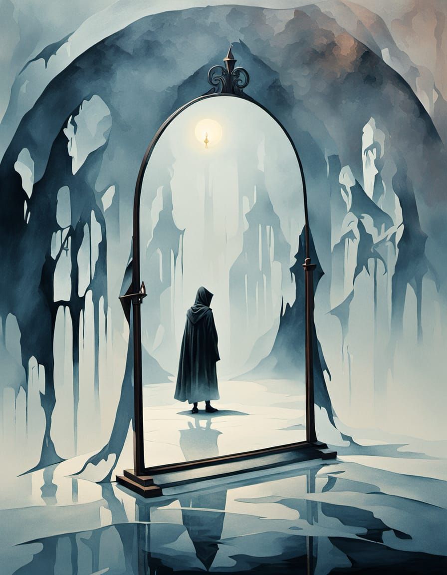Eerie Cloaked Figure in Shattered Mirror, Surreal Oil Painti...