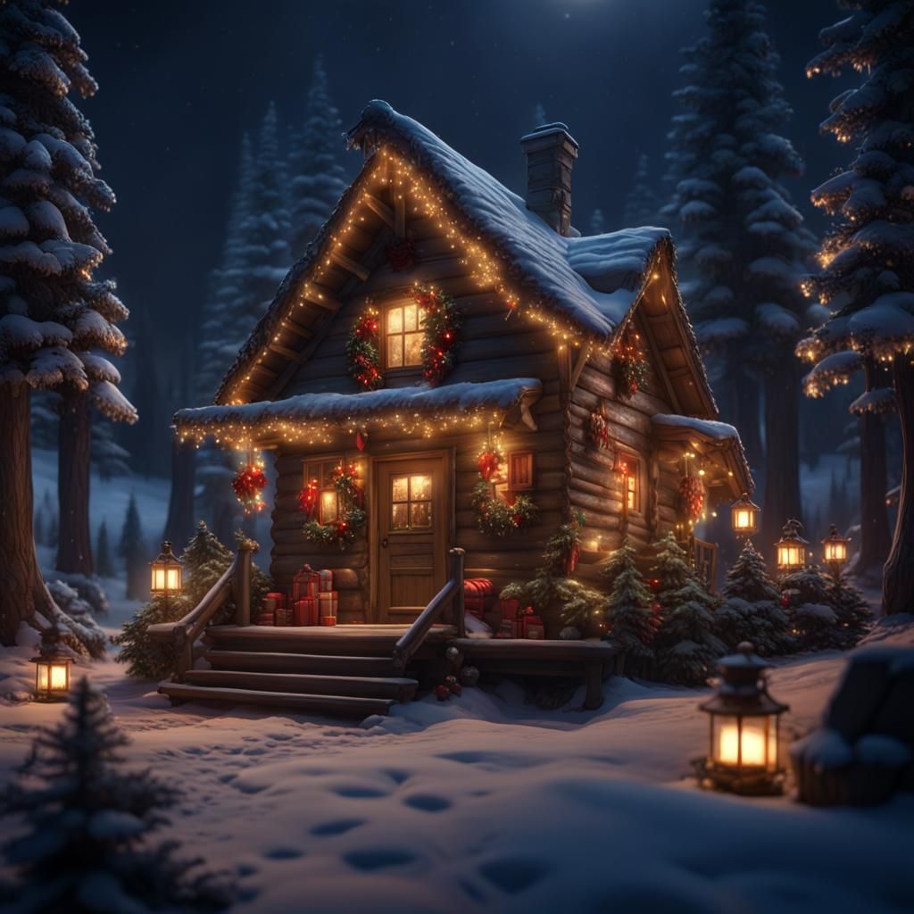 Christmas Cabin in Snowy Woods at Night