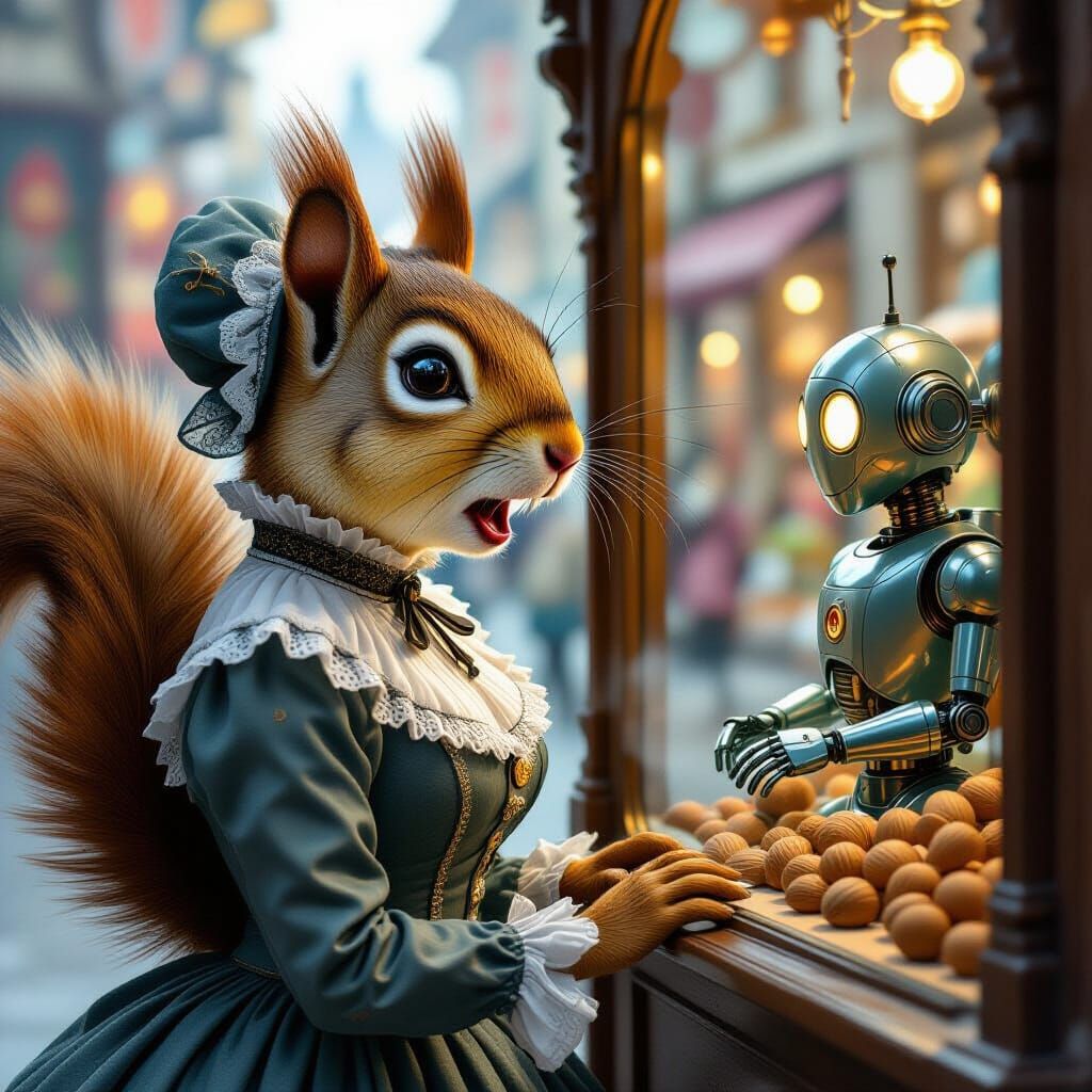 Victorian Squirrel and Robot, Arthur Rackham Style