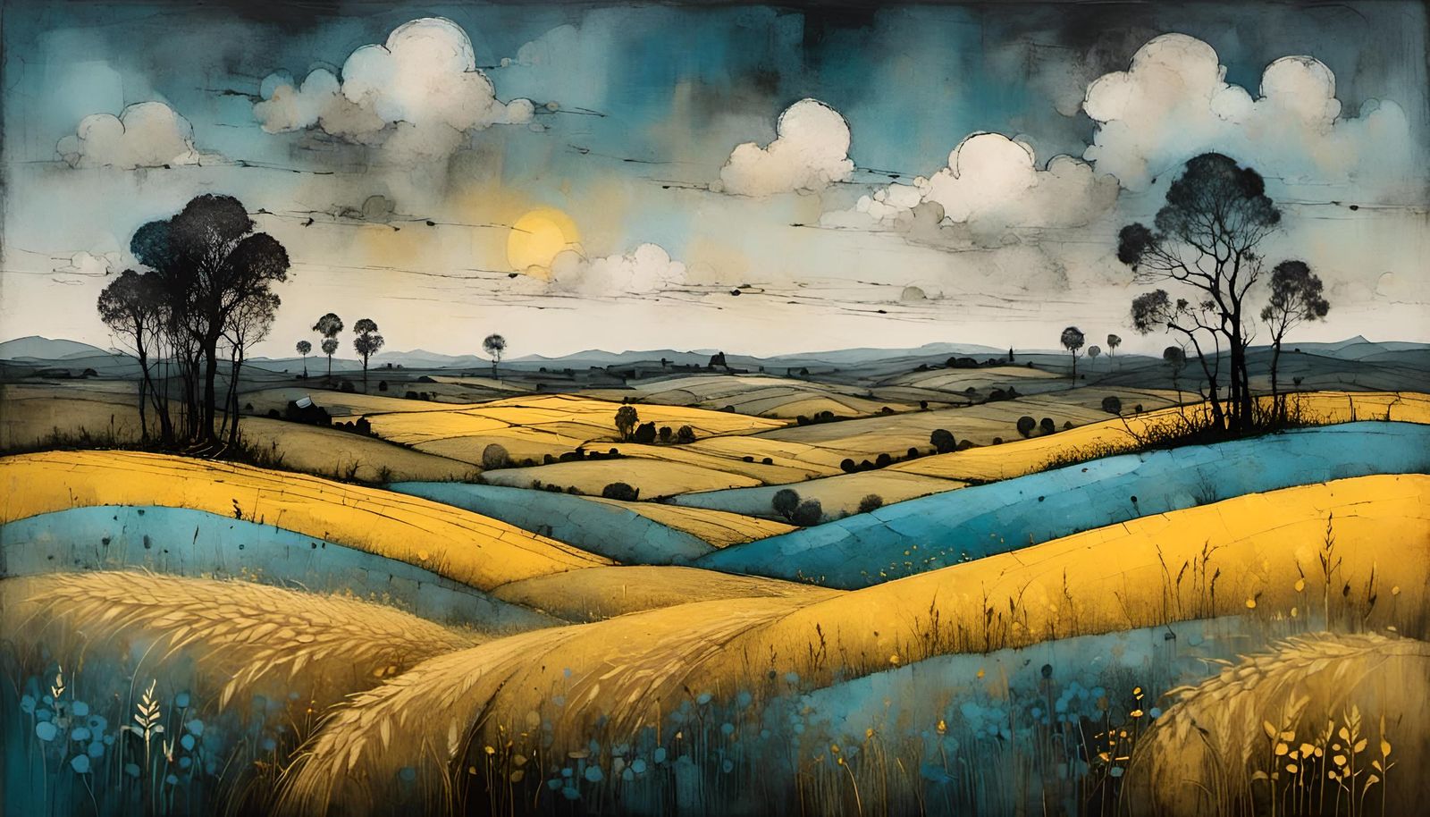 Blue and Yellow Wheat Field Landscape