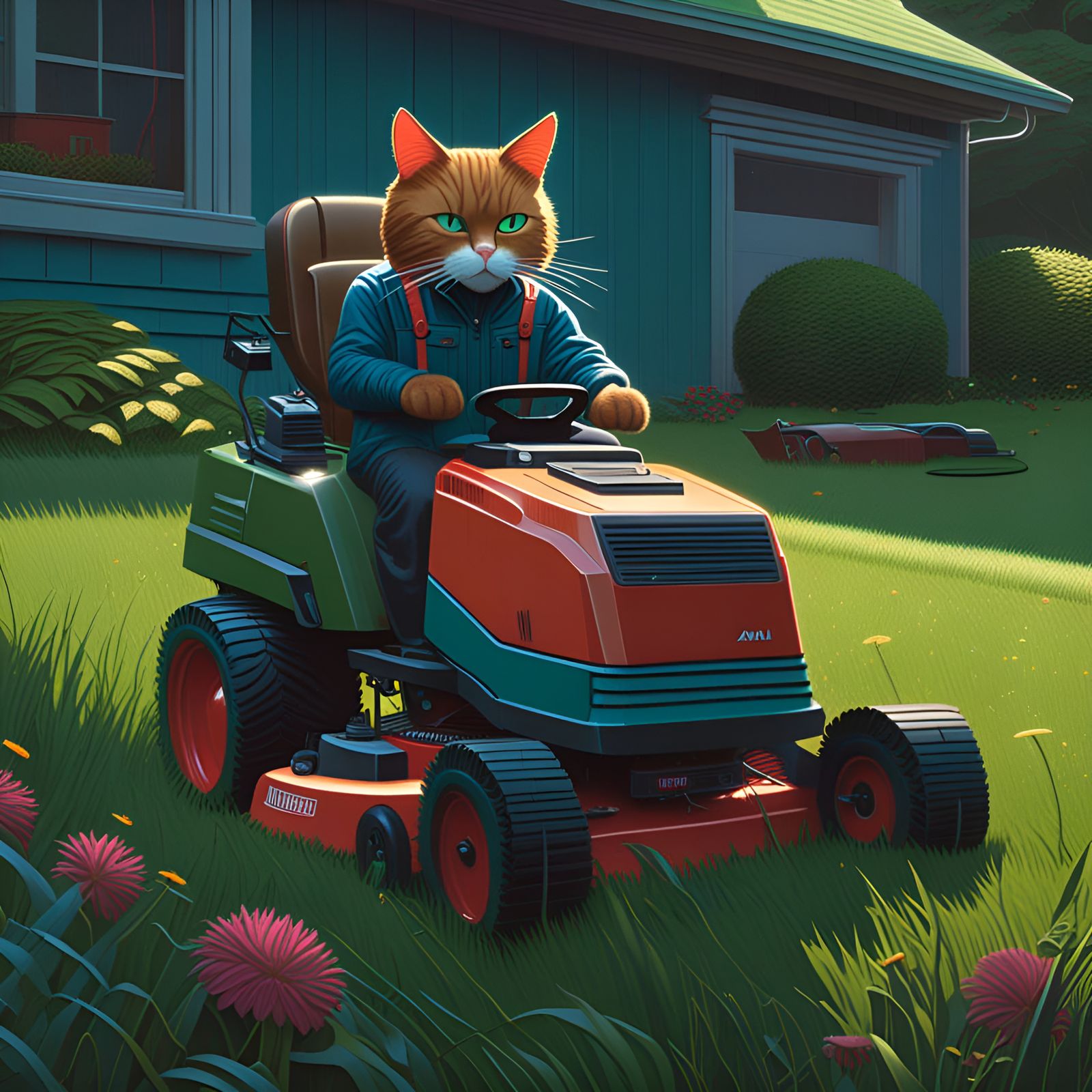 Cat Person Mowing Lawn: Digital Illustration
