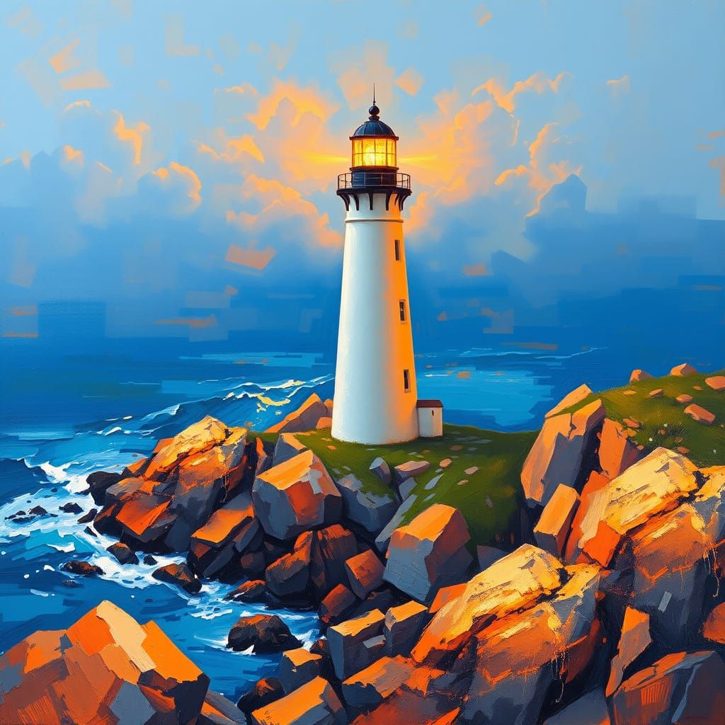 Lighthouse on Rocky Coast in Realistic Oil Painting Style