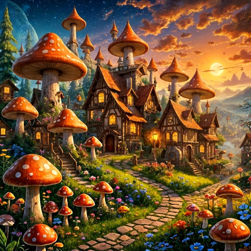 Enchanted Mushroom Village in Whimsical Vintage Style