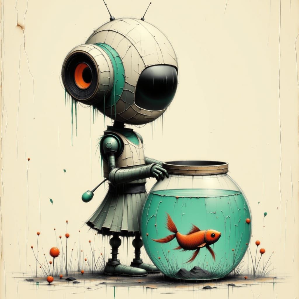 Cute Robot Holding a Fishbowl