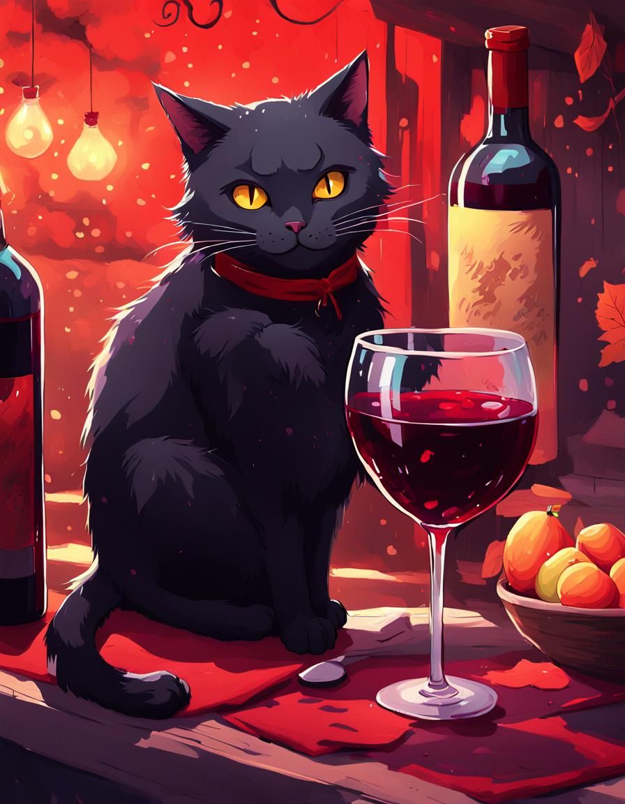 Animated Black Cat Sipping Red Wine in Cozy Setting